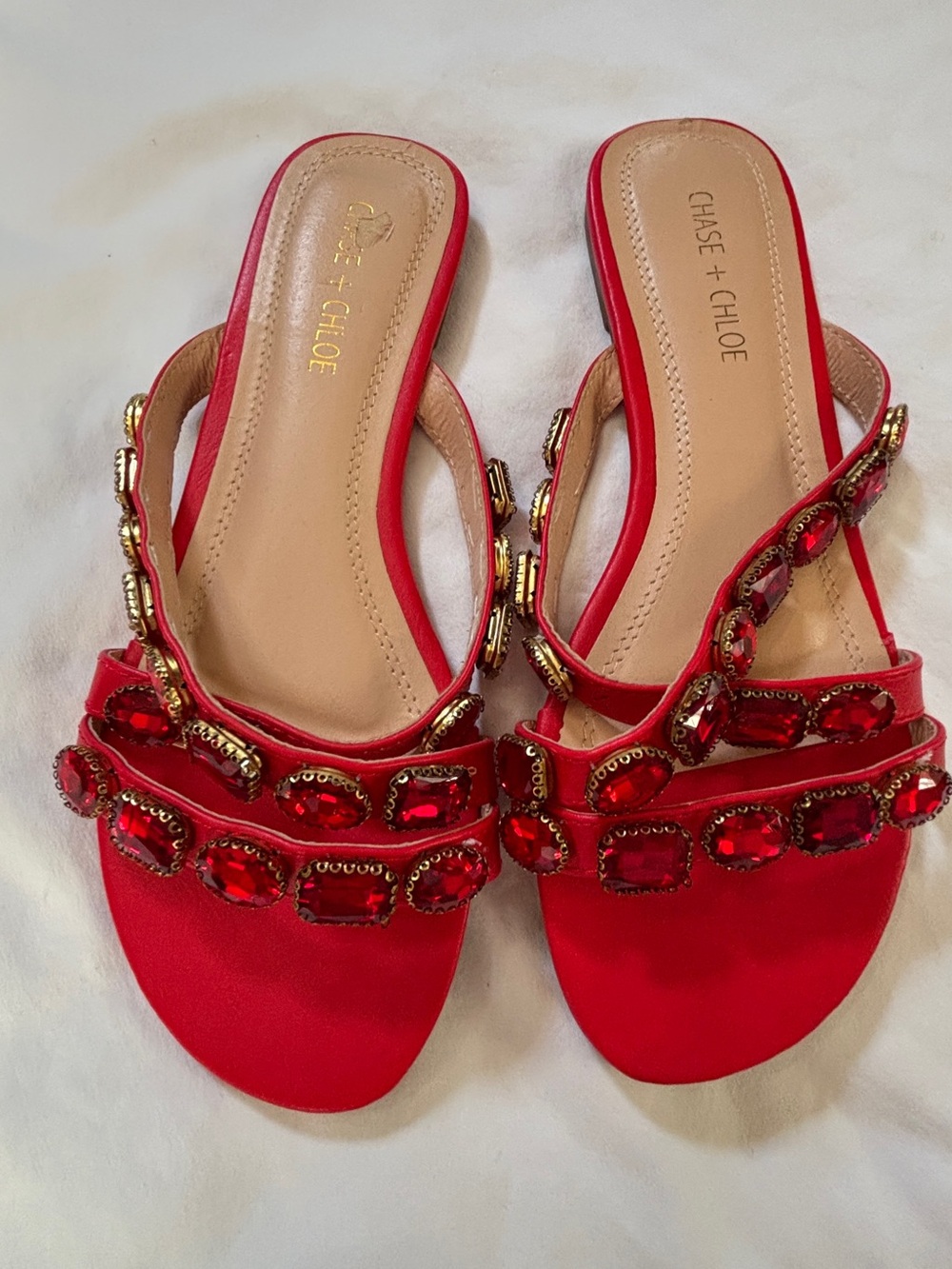 Chase + Chloe Red Jeweled Flat Sandals Size 9 Embellished Slip On